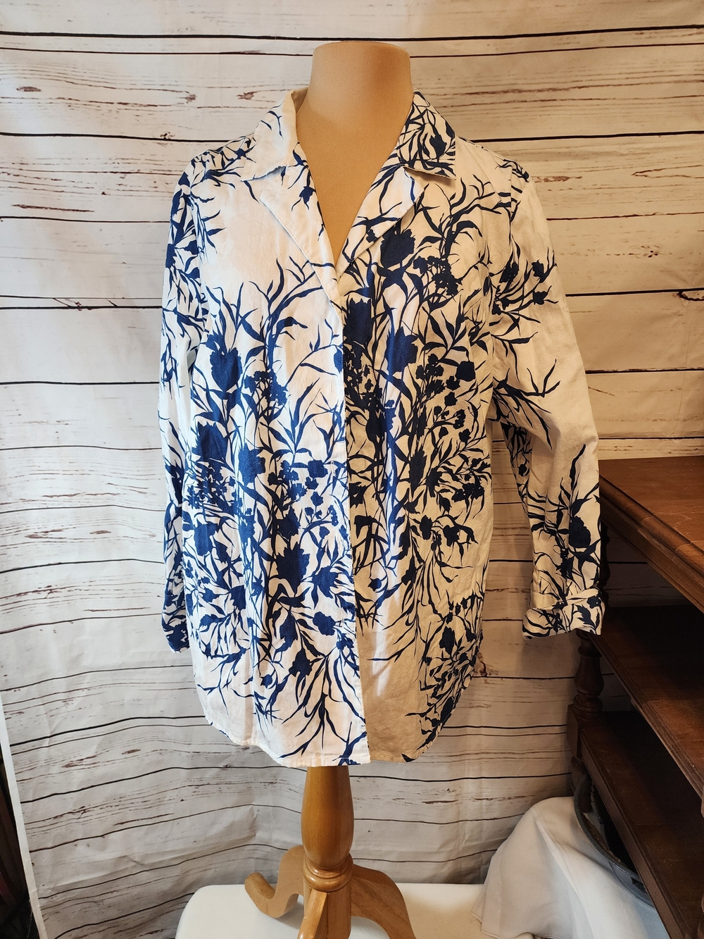 Kate Hill White Top with Navy Blue Floral Print